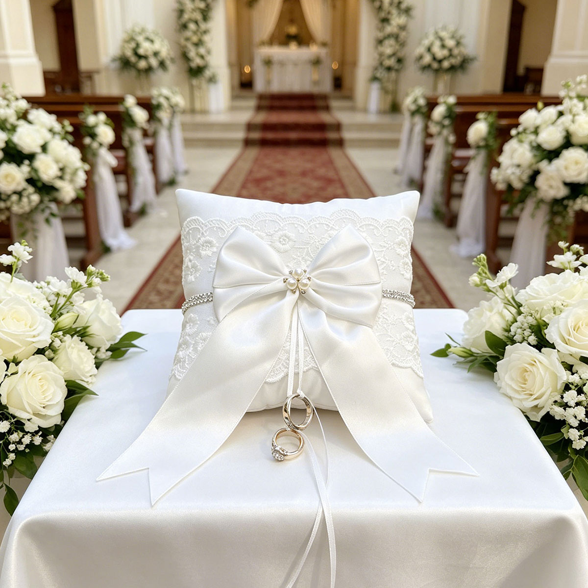 Ring Bearer Pillow - Weißes Spitzen-Ringkissen mit großer Satinschleife und