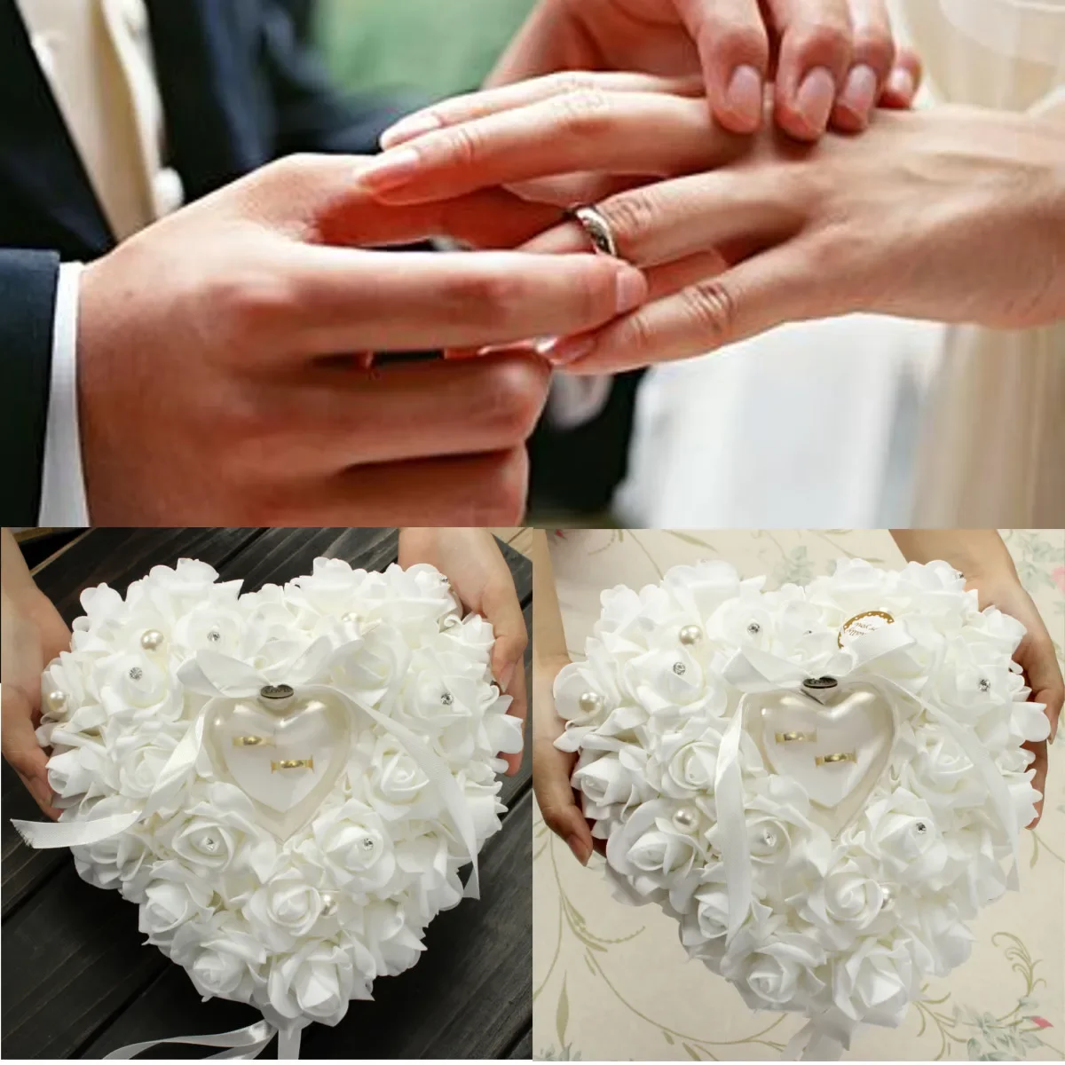 Ring Bearer Pillow - Weißer Ringträger-Kissenhalter in Herzform, Rosenblüten, Ringbox,
